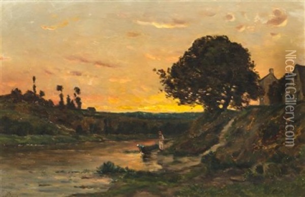 Landscape With Two Women Washing Clothes Oil Painting - Charles Francois Daubigny
