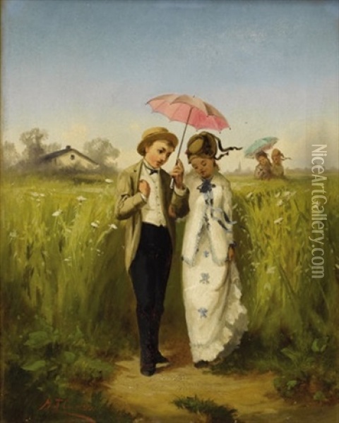 Untitled - Couple In A Field Oil Painting - Henry T. Cariss