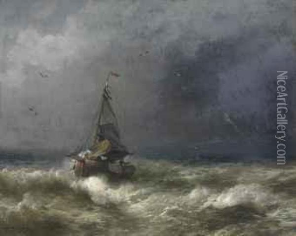 Fishing Boat In A Storm Oil Painting - Herman Herzog