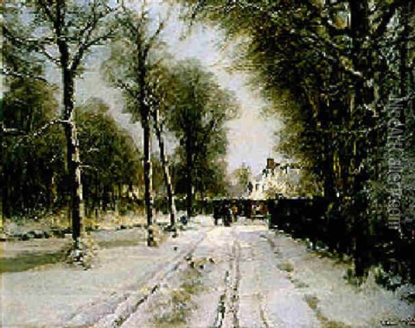 A Winter Landscape With A Horse-drawn Cart On A Snowy Path Along A Farm Oil Painting - Louis Apol