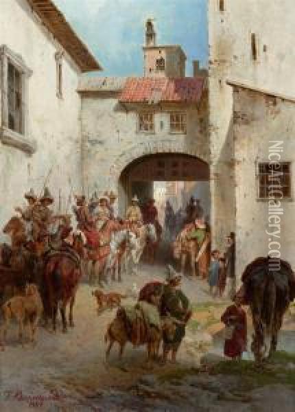 Tscherkessen Before The City Gates. 1887. Oil Painting - Bogdan Pavlovich Villevalde