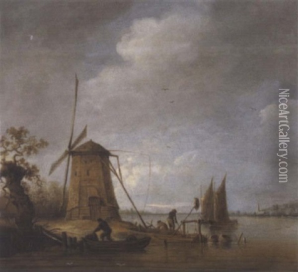 Hollandische Flusslandschaft Mit Einer Windmuhle Und Booten Oil Painting - Anthony Jansz van der Croos