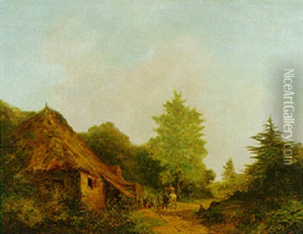A Forest Landscape With Travellers Outside A Barn Oil Painting - Johann Bernard Klombeck