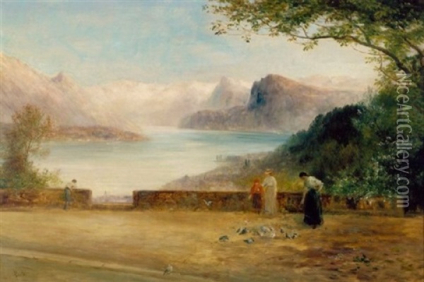 Lake Lucerne With Women Feeding Pidgeons In The Foreground Oil Painting - John MacWhirter