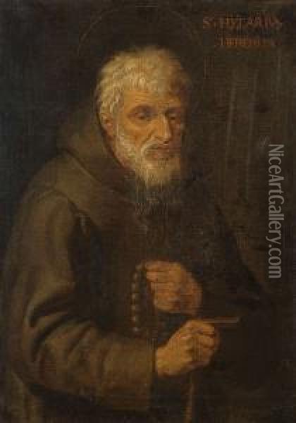 Portret Van Een Oude Monnik Van 99 Jaar Met Rozenkrans Enwandelstok. Oil Painting - Marten Pepijn