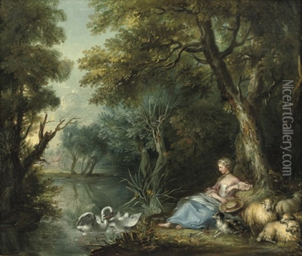A Pastoral Landscape With A Shepherdess Looking At Swans Playing Oil Painting - Jean Baptiste Bernard