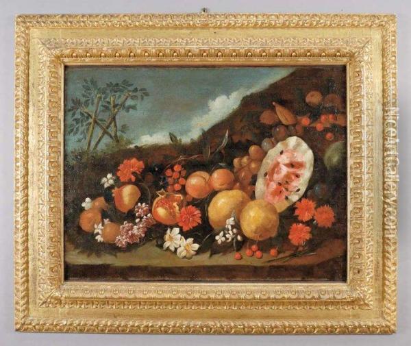 Naturamorta Con Anguria, Frutta E Fiori Oil Painting - Giovanni Battista Ruoppolo