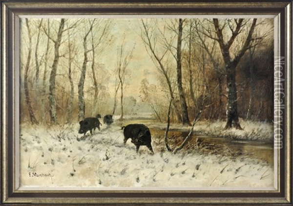 Wildschweinrotte In Verschneiter Landschaft Oil Painting - Eduard Steinbach