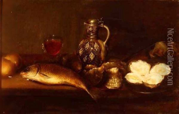 A breakfast still life with a stoneware jug, fish and oysters Oil Painting - Alexander Andriessen