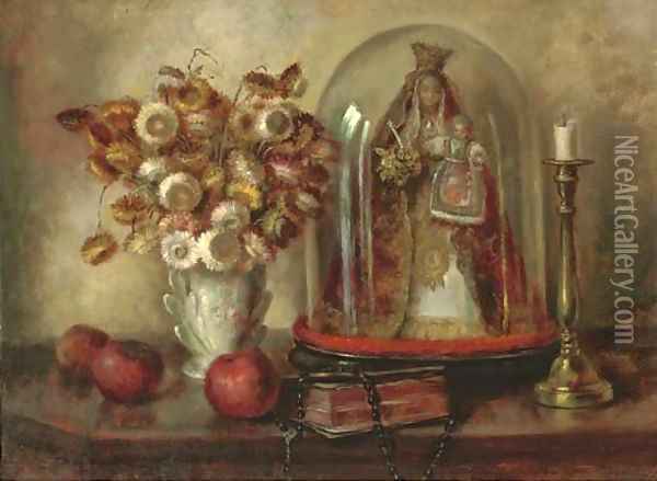 Dried flowers in a porcelain vase Oil Painting - Continental School
