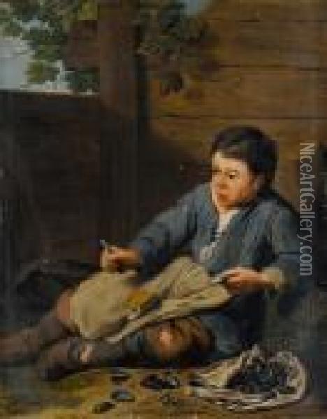 A Boy Eating Mussels In A Courtyard Oil Painting - Jan Josef, the Elder Horemans