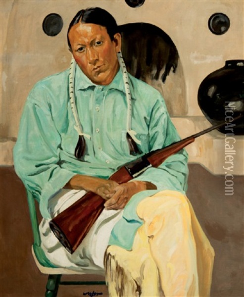Frank Archuleta,taos Indian With Rifle Oil Painting - Walter Ufer