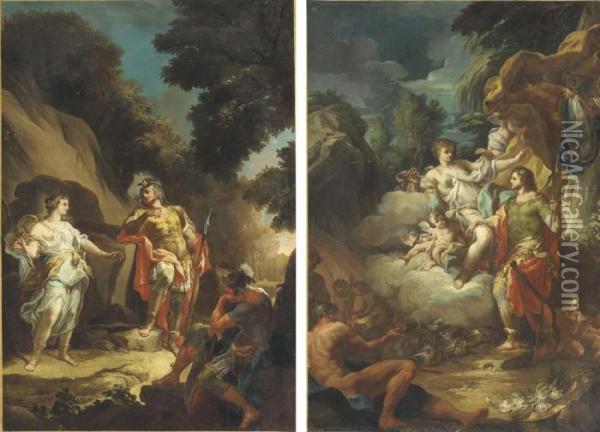 The Story Of Aeneas: Venus 
Appearing To Aeneas; Venus Ordering Arms For Aeneas From Vulcan Oil Painting - Corrado Giaquinto