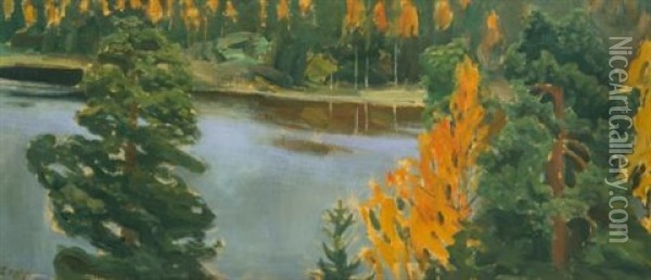 Lake View In Autumn Oil Painting - Akseli Valdemar Gallen-Kallela