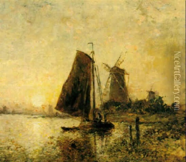 A Fishing Boat And Windmill At Sunset Oil Painting - Johan Barthold Jongkind