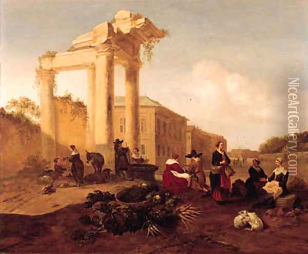 A market near a fountain by a classical ruin in an Italian piazza Oil Painting - Hendrik Mommers