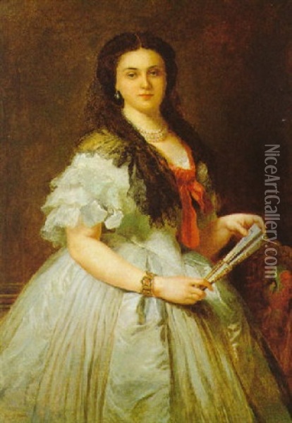 Portrait Einer Dame Mit Facher Oil Painting - Edouard Louis Dubufe