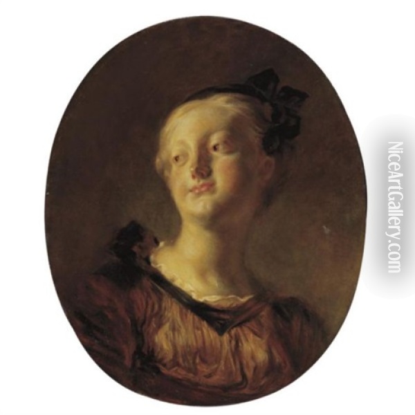 Portrait Of A Young Girl, Said To Be Marie-catherine Colombe, Bust Length, Wearing A Green Ribbon In Her Hair Oil Painting - Jean-Honore Fragonard