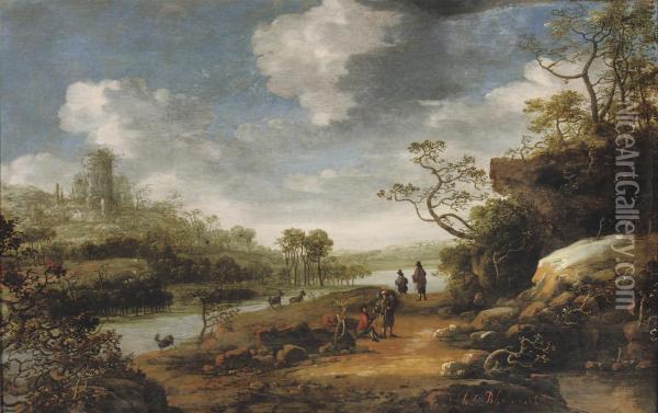 A Rocky River Landscape With Travellers On A Path, A Ruinedfortress Beyond Oil Painting - Abraham Blommaert
