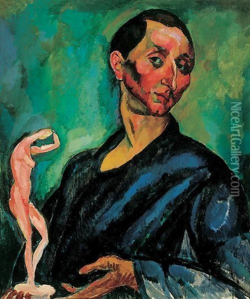 Self portrait with Sculpture 1910 Oil Painting - Tibor Duray