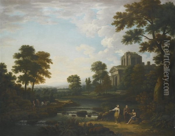 Arcadian Landscape With Figures Beside A Weir Oil Painting - James Norie