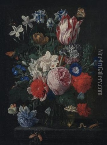 Still Life Of Roses, Peony, Semper Augustus Tulip, Morning Glories And Other Flowers On A Ledge Oil Painting - Nicolaes van Veerendael
