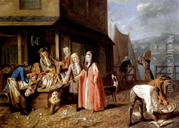 An Elegant Couple Buying Fish At A Market, A Harbour Beyond Oil Painting - Josef van Aken