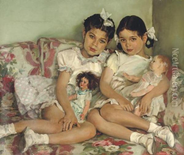 Portrait Of Two Young Girls With Dolls Oil Painting - Sergei Vasilevitch Ivanov