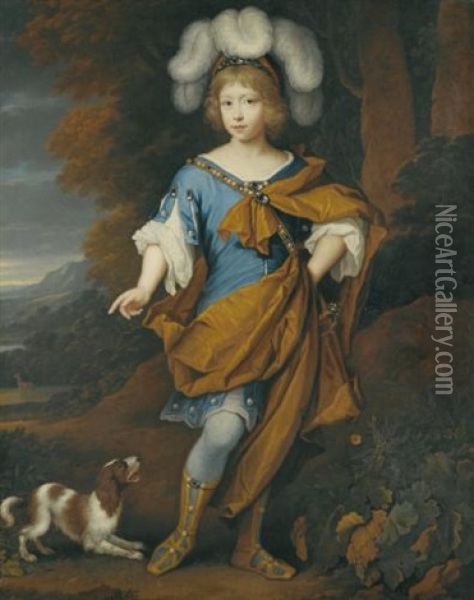 Portrait Of A Boy, Aged 6, Standing Full-length, Wearing Blue Costume With A Yellow Cloak Oil Painting - John van der Vaart