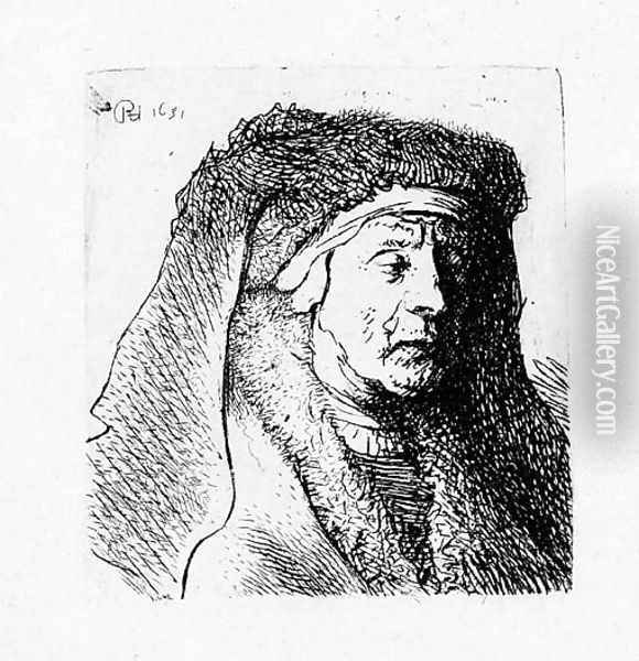 Bust of an old Woman in a furred Cloak and heavy Headdress Oil Painting - Rembrandt Van Rijn