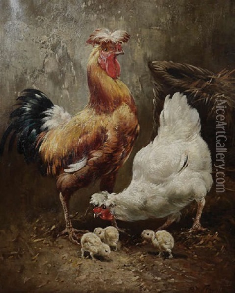 Coq, Poules Et Poussins Oil Painting - Henry Schouten