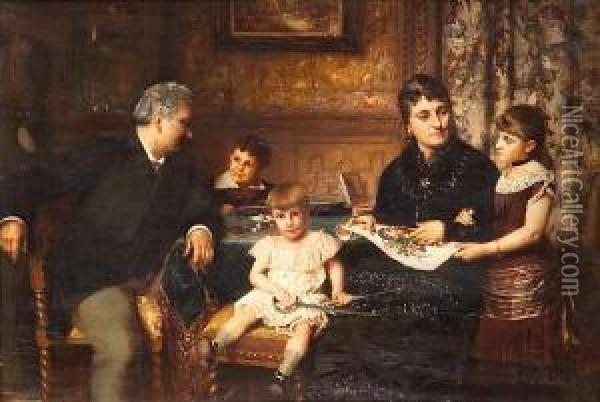 A Portrait Of A Family Gathered Around Atable Oil Painting - Pierre Jan van der Ouderra
