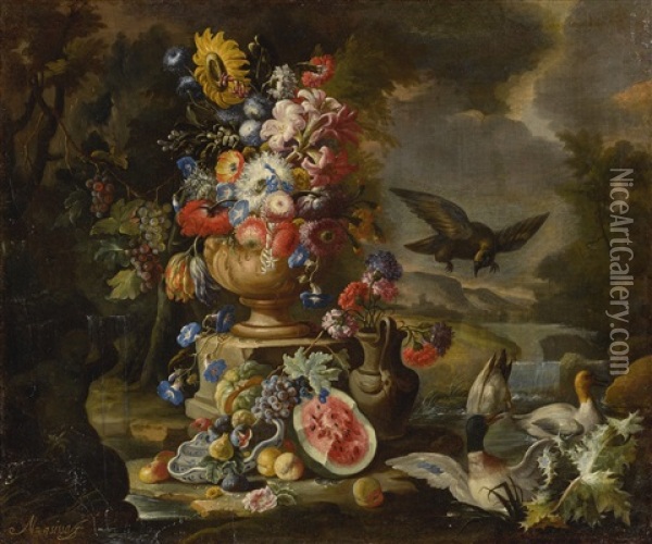 A Still Life With A Vase Of Flower, Birds, A Watermelon, Peaches, Gapes, And Other Fruit In An Outdoor Setting Oil Painting - Nicola Casissa