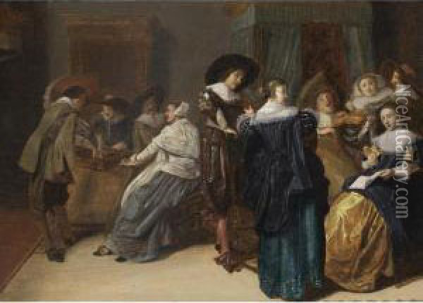 An Elegant Company Making Music And Playing Tric Trac In An Interior Oil Painting - Dirck Hals