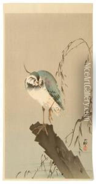 Depicting A Lapwing Perched On A Tree Stump. Oil Painting - Ohara Koson