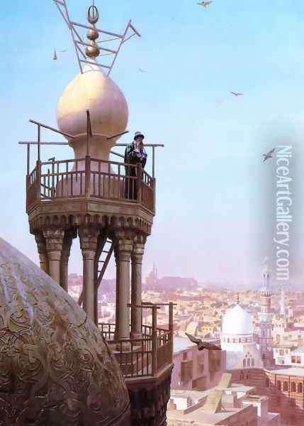 Un Muezzin Appelant du Haut du Minaret les Fidèles à la Prière (A Muezzin Calling from the Top of a Minaret the Faithful to Prayer) Oil Painting - Jean-Leon Gerome