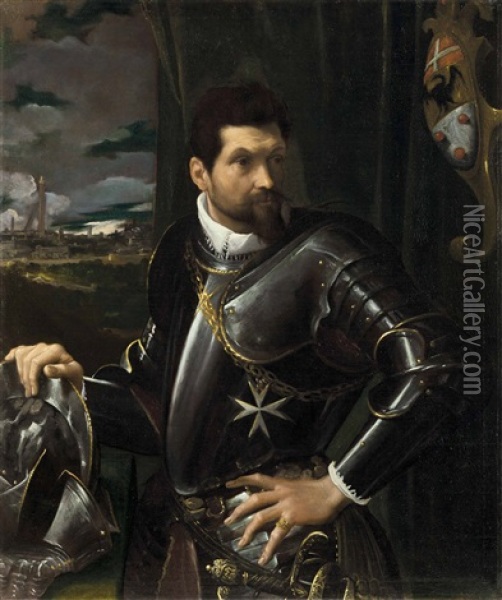 Portrait Of Carlo Alberto Rati Opizzoni In Armour, Three-quarter-length, Wearing The Order Of The Knights Of Malta, The City Of Bologna Beyond Oil Painting - Ludovico Carracci