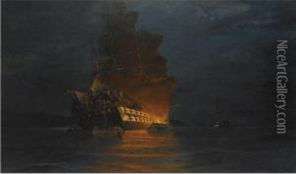 Burning Of A Turkish Flagship Oil Painting - Constantinos Volanakis