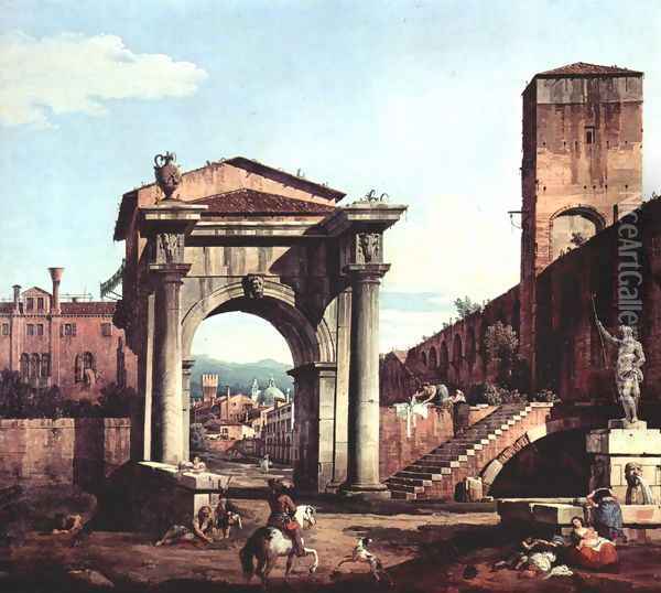 Capriccio Romano, city gate tower Oil Painting - (Giovanni Antonio Canal) Canaletto