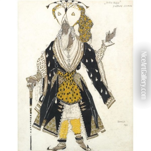 Costume Design For The Priest Soma From Le Dieu Bleu Oil Painting - Leon Bakst