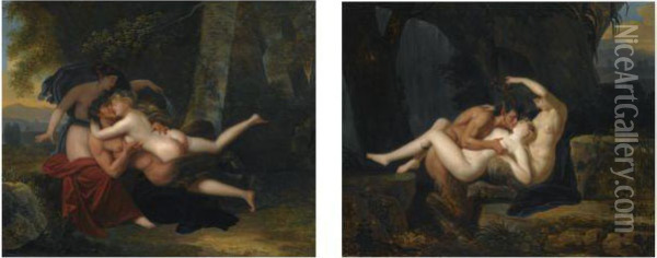 A Pair Of Landscapes With Nymphs And Satyrs Cavorting Oil Painting - Nicolas Andre Monsiau