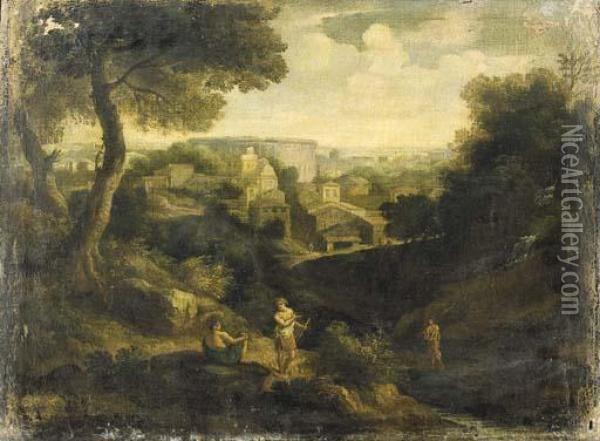 Veduta Ideata Di Roma Con Il Colosseo Sullo Sfondo E Astanti In Primo Piano Oil Painting - Jan Frans Van Bloemen (Orizzonte)