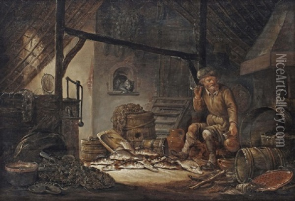 A Barn Interior With A Seated Fisherman Smoking And Drinking, Various Fish At His Feet Oil Painting - Pieter de Putter