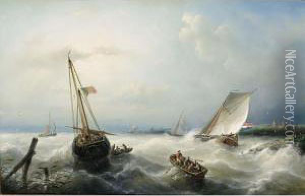 Sailing Vessels On A Choppy Sea Oil Painting - Nicolaas Riegen