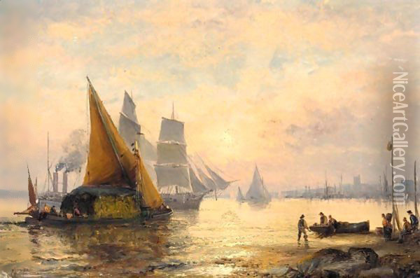 And Vessels On The River At Sunset Oil Painting - William A. Thornley or Thornbery