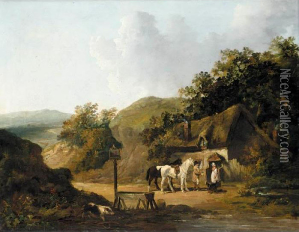 Taking Refreshments Outside A Village Inn Oil Painting - George Morland