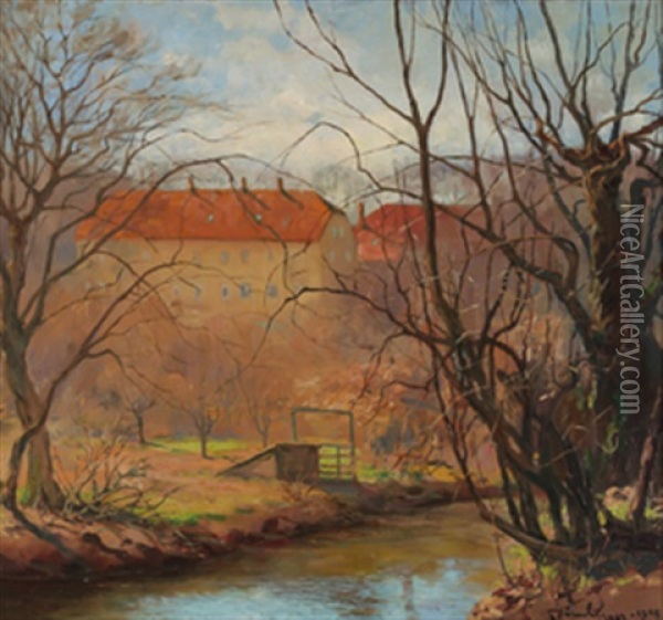 Hostlandskap Med Elv Og Hus Oil Painting - Karl Johannes Andreas Adam Dornberger
