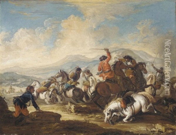 A Battle Scene In A Mountainous Landscape Oil Painting - Francesco Simonini