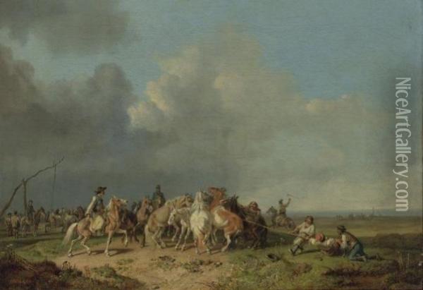 Horse Round-up Oil Painting - Heinrich Burkel