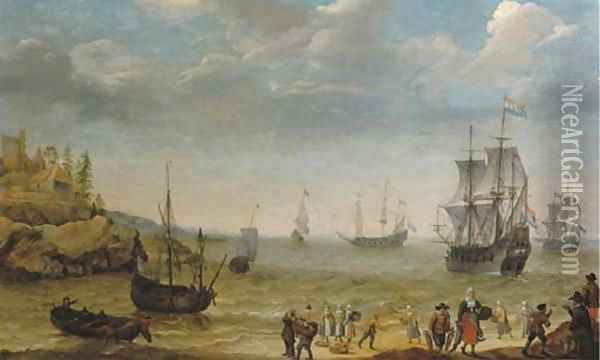 A rocky coastal scene with fisherfolk bringing in their catch, a Man-of-War and other shipping offshore Oil Painting - Abraham Willaerts
